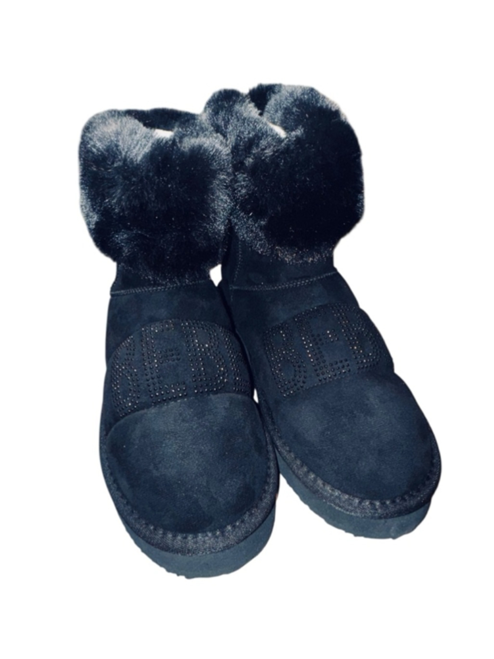 Women's Bebe Black Bronze Faux Fur Rhinestone Ankle Boots US 7